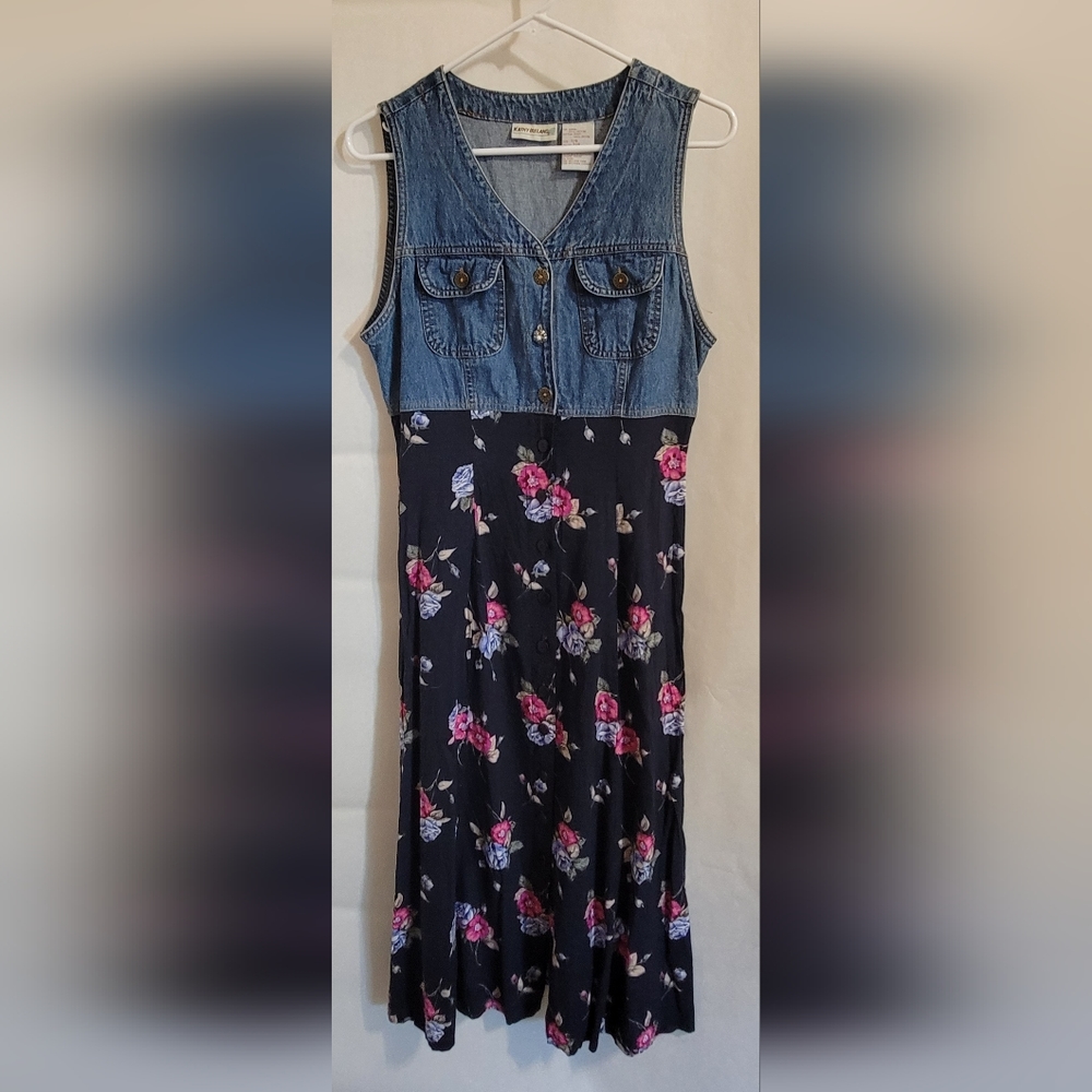 Vintage Kathy Ireland Dress Jumper Denim 7/8 Floral 80s 90s Style.